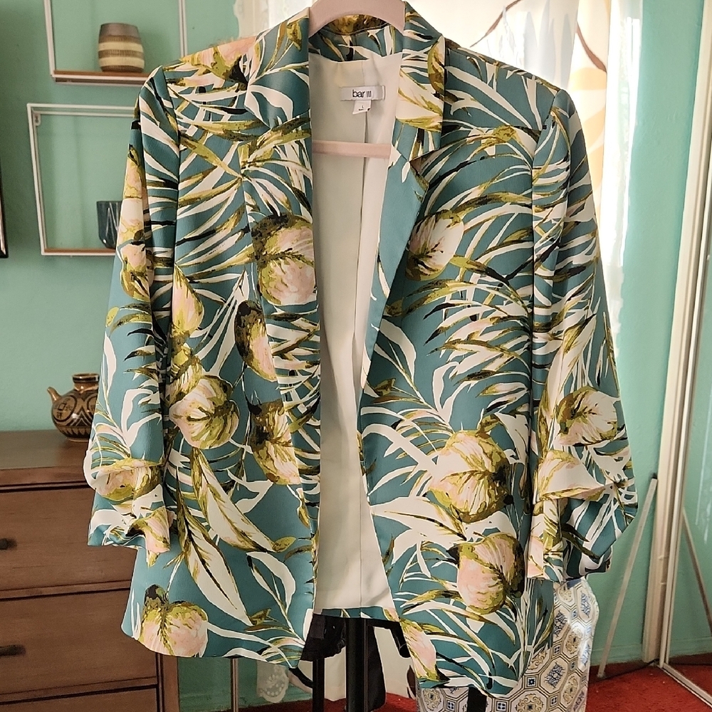 Bar III Leaf Print Blazer in Green and Cream